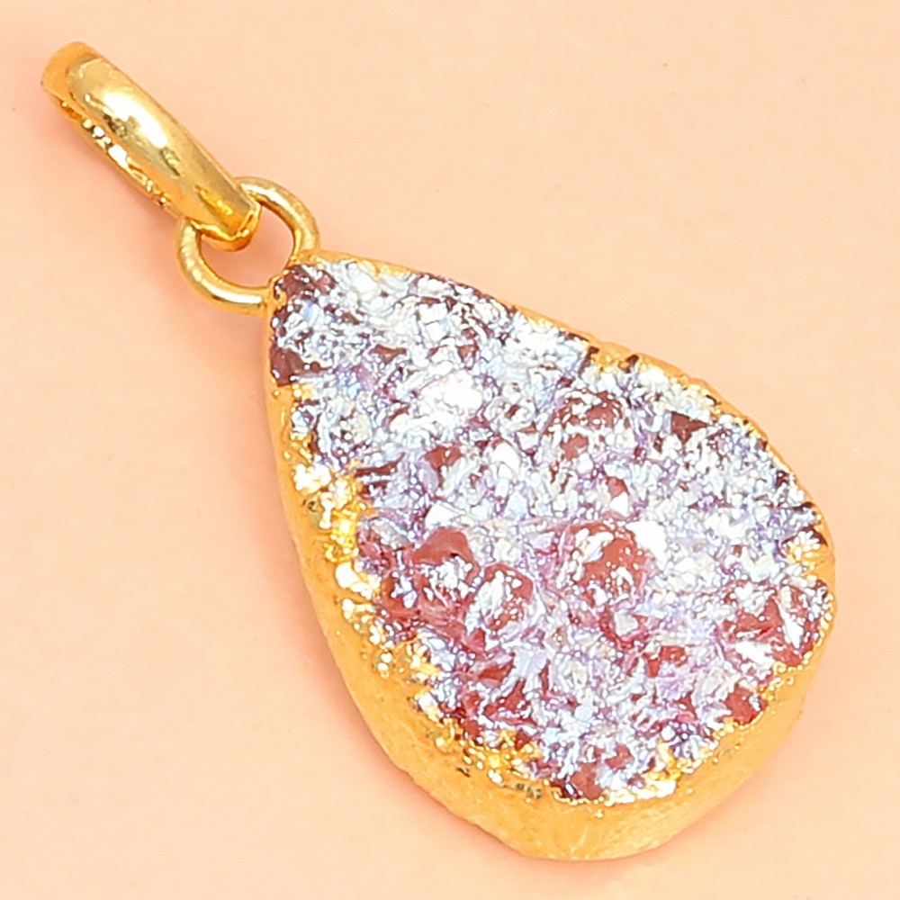 Pendant Red Sunshine Drusy 14CT Gold Plated Silver Jewelry 1.5”
