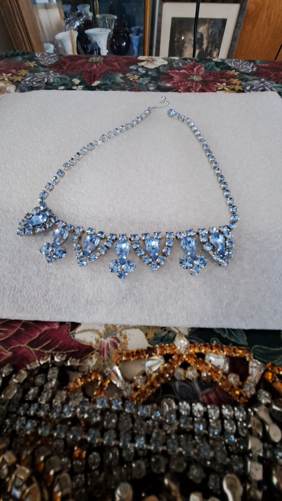 Weiss Vintage Icy Blue Rhinestone Design Necklace Ornate Design