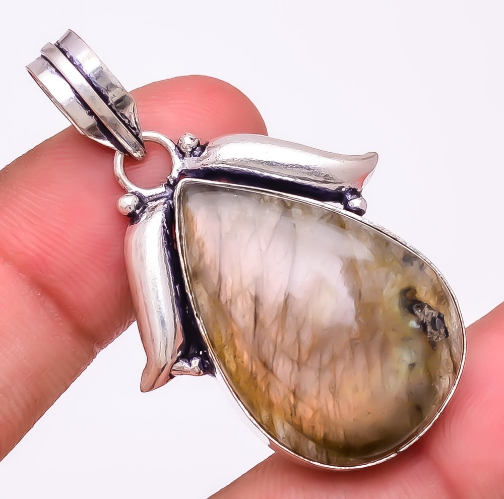 Natural Labradorite Gemstone 925 Silver Plated Jewelry Pendant 1.8″ T8685