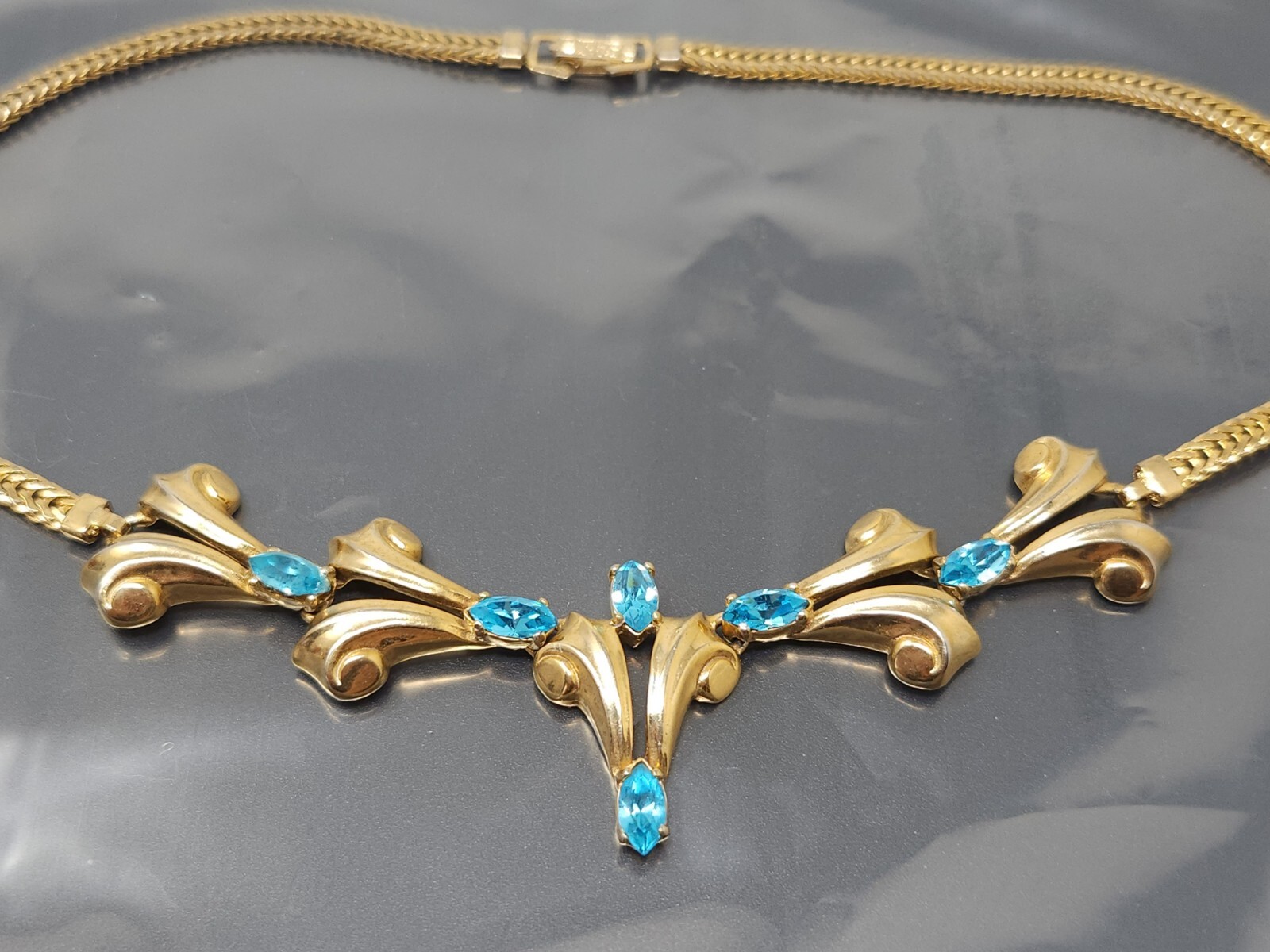 Vintage W. Germany Blue Rhinestone 1/20 12K Gf Necklace 15″