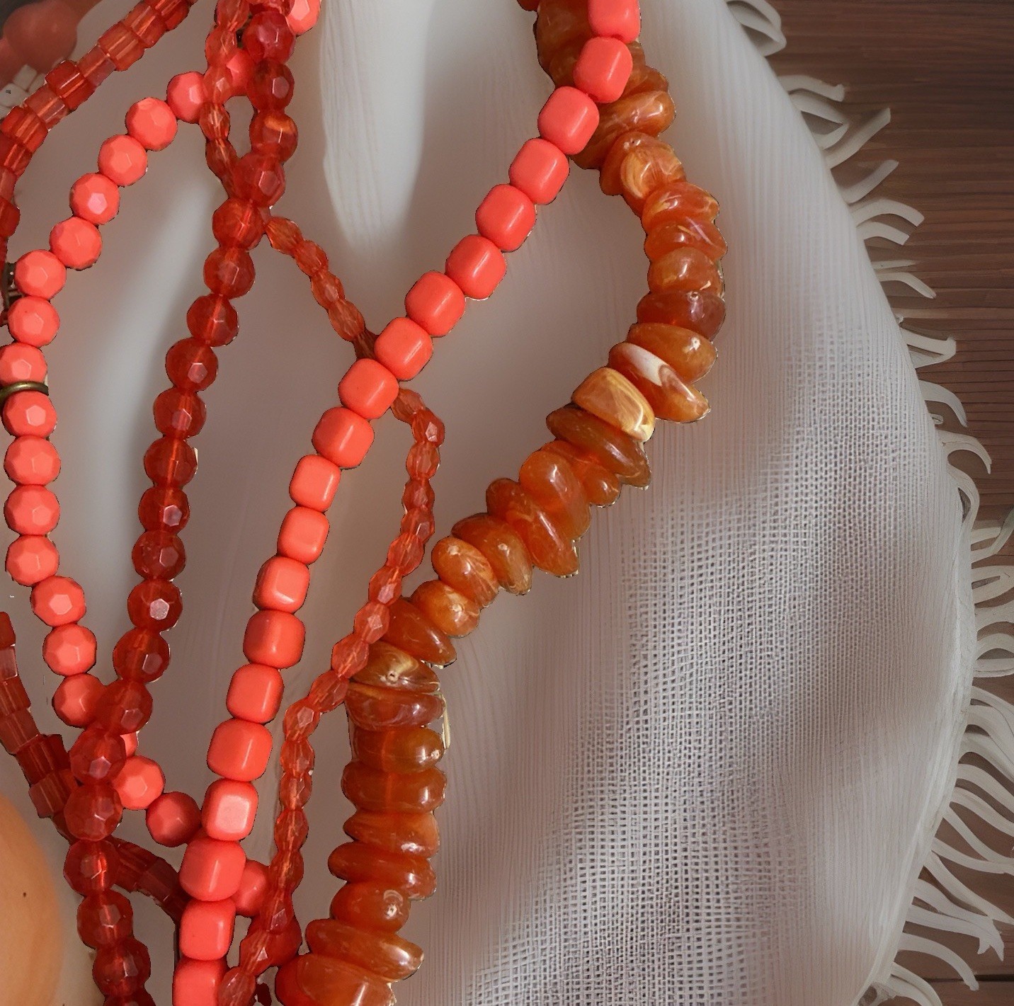 Multi-Strand Beaded Necklace Red & Orange Glass Plastic Bead Chain