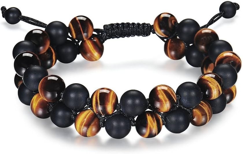 Triple Protection 8mm Natural Tiger Eye Onyx Lava Adjustable Beaded Bracelet Men