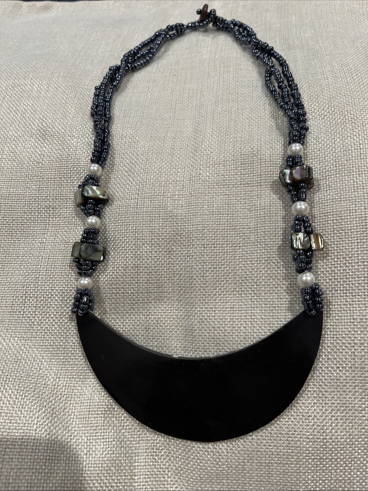 Black Beaded Moon Shell Multi Strand Necklace 12 X 5
