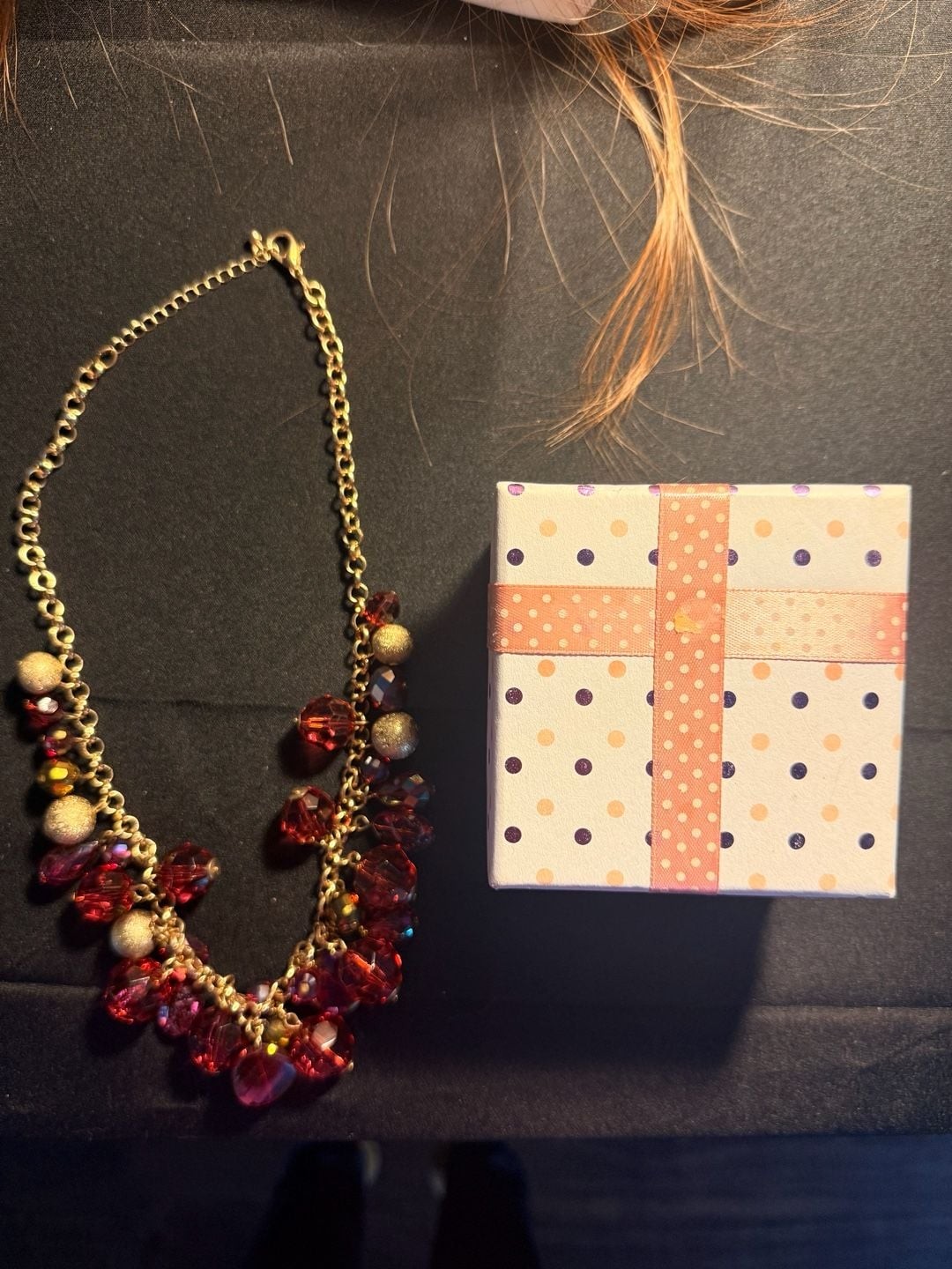 Chico’s Goldtone Cluster Necklace with Red Faceted Beads and Matte Gold Spheres