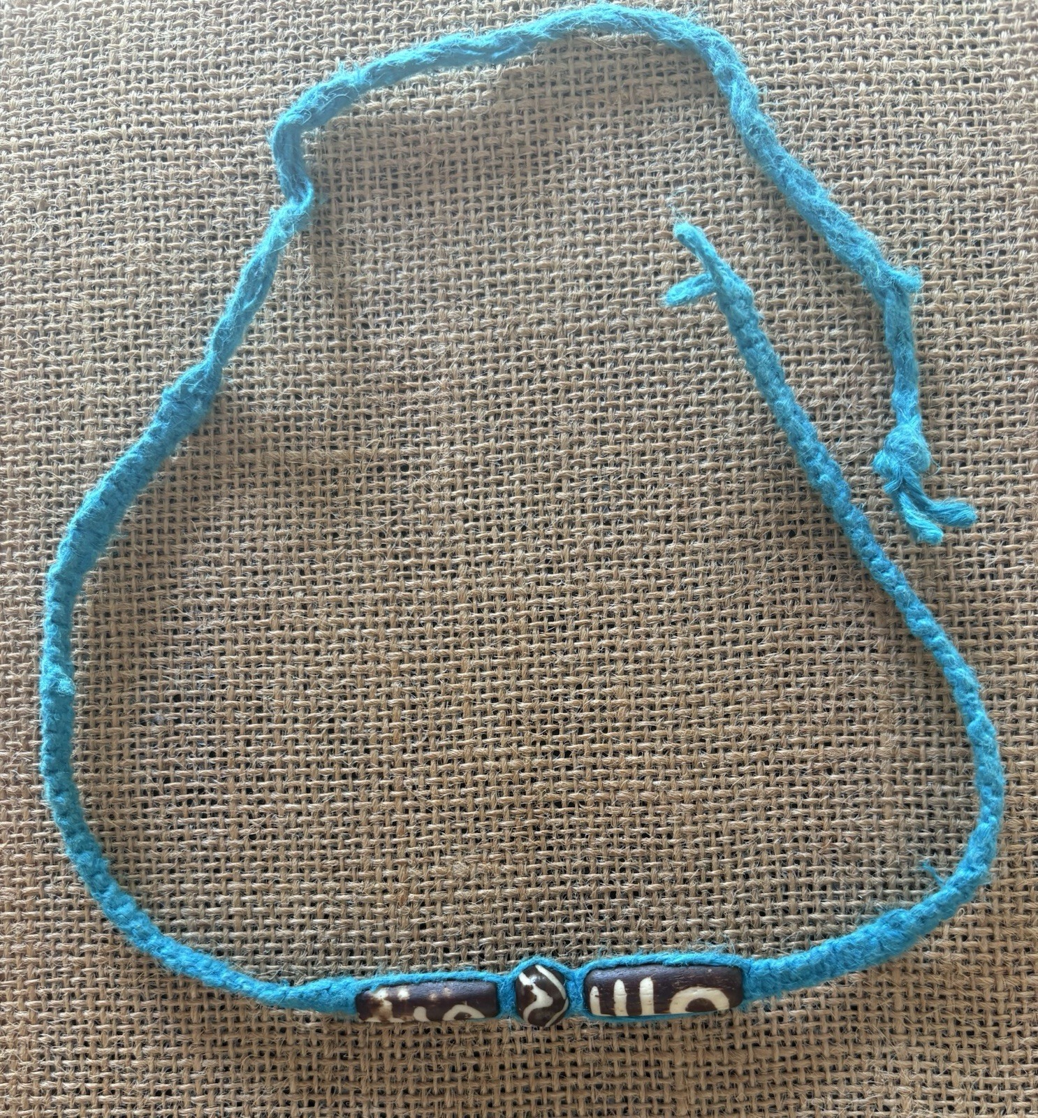 Wood Carved Bead Pendant Blue Cord Beaded Necklace Boho Adjustable Tie Closure