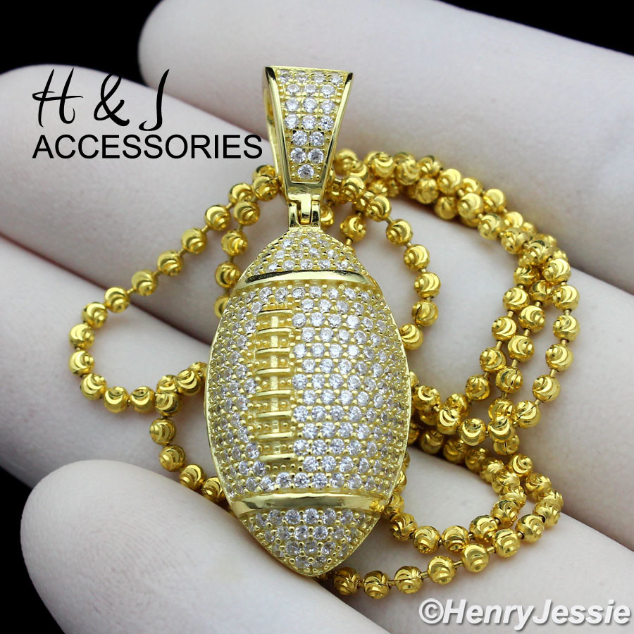 925 STERLING SILVER 18-30″X2MM GOLD PLATED BEADED CHAIN CZ FOOTBALL PENDANT*G205