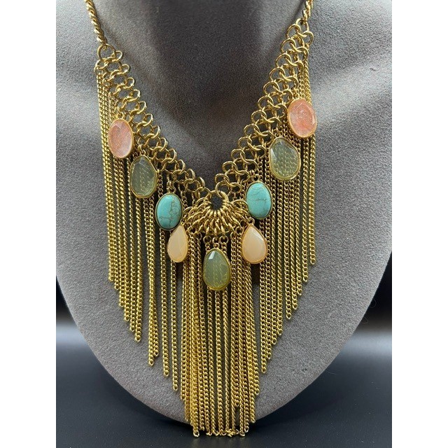 VTG CAROLEE Signed Chunky Gold Tone Chain Tassel Bib Southwestern Bohemian