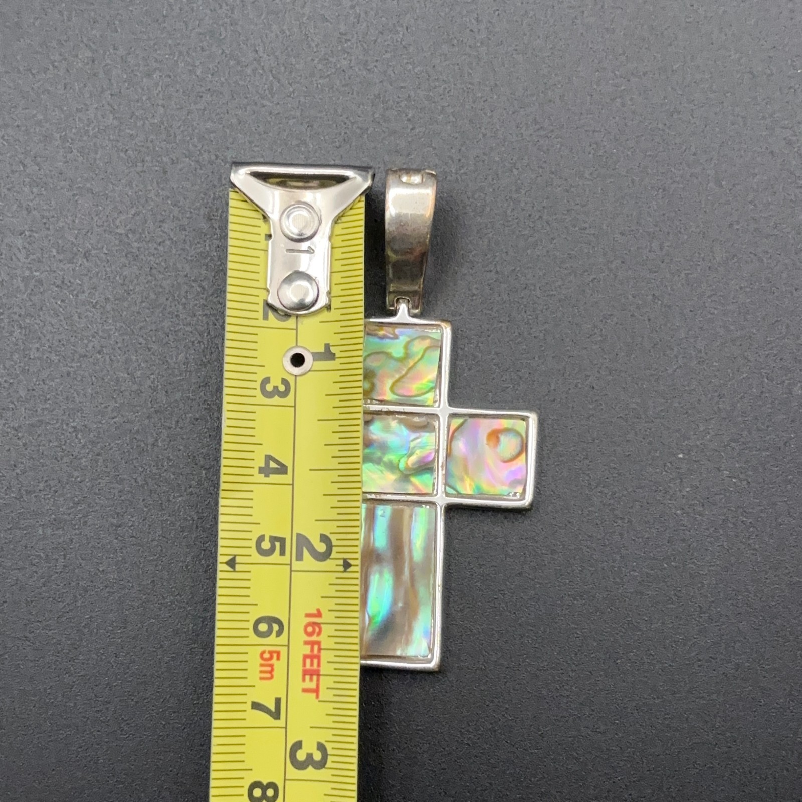 Silver Tone Abalone Shell Inlay Cross Pendant Hinged Bail