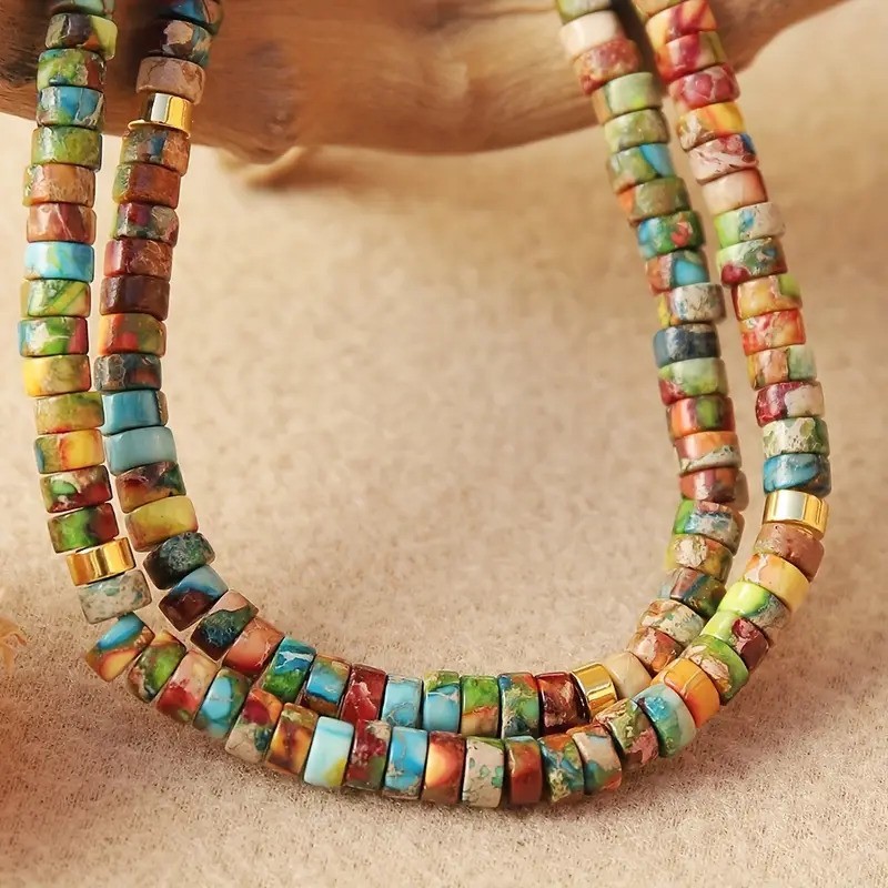 Natural Cube Floral Imperial Jasper Beaded Choker Summer Minimalist Necklace