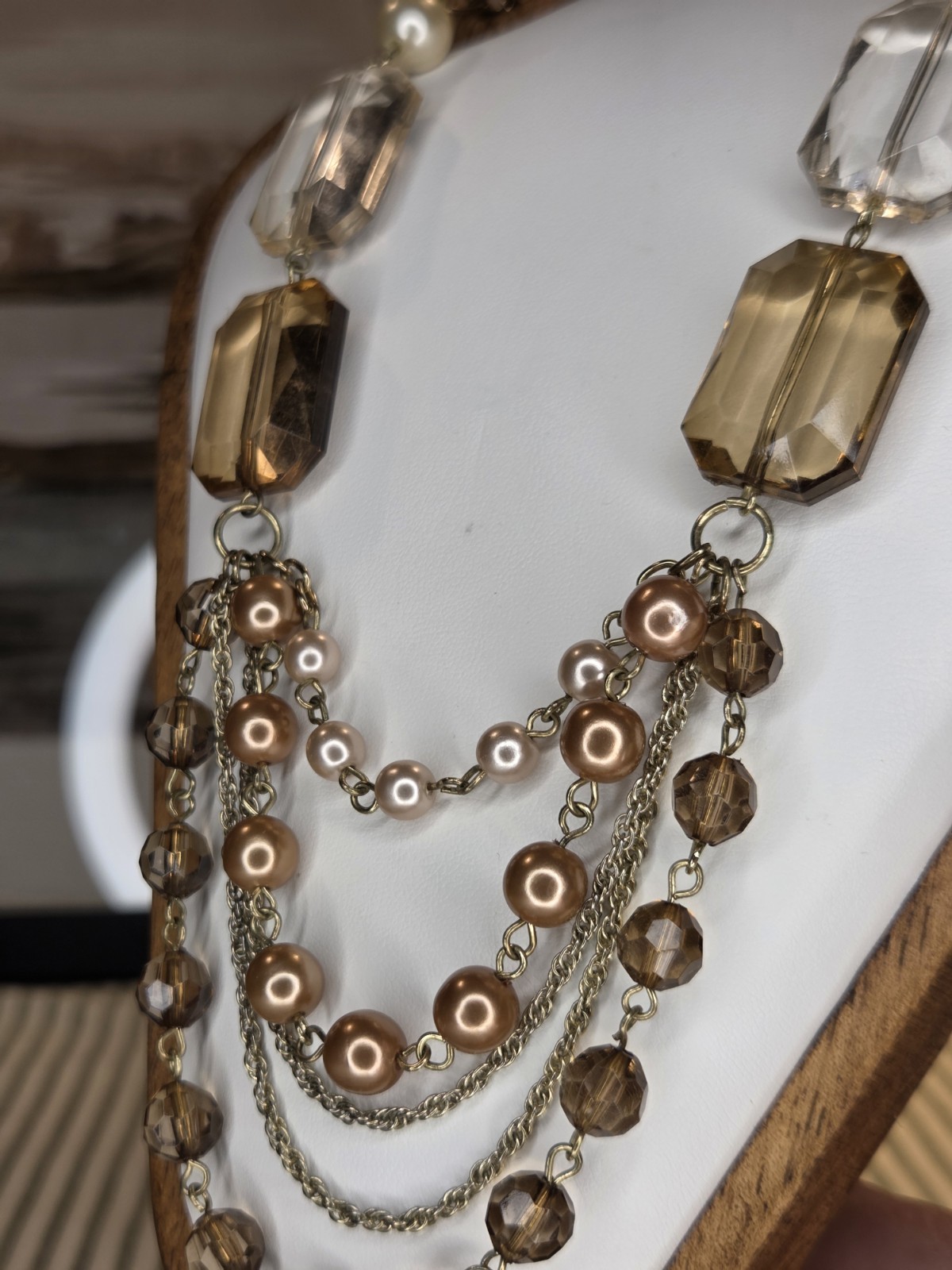 Signed Gold Tone Layered Beaded Necklace, Brown Crystal & Faux Pearl, NY & Co