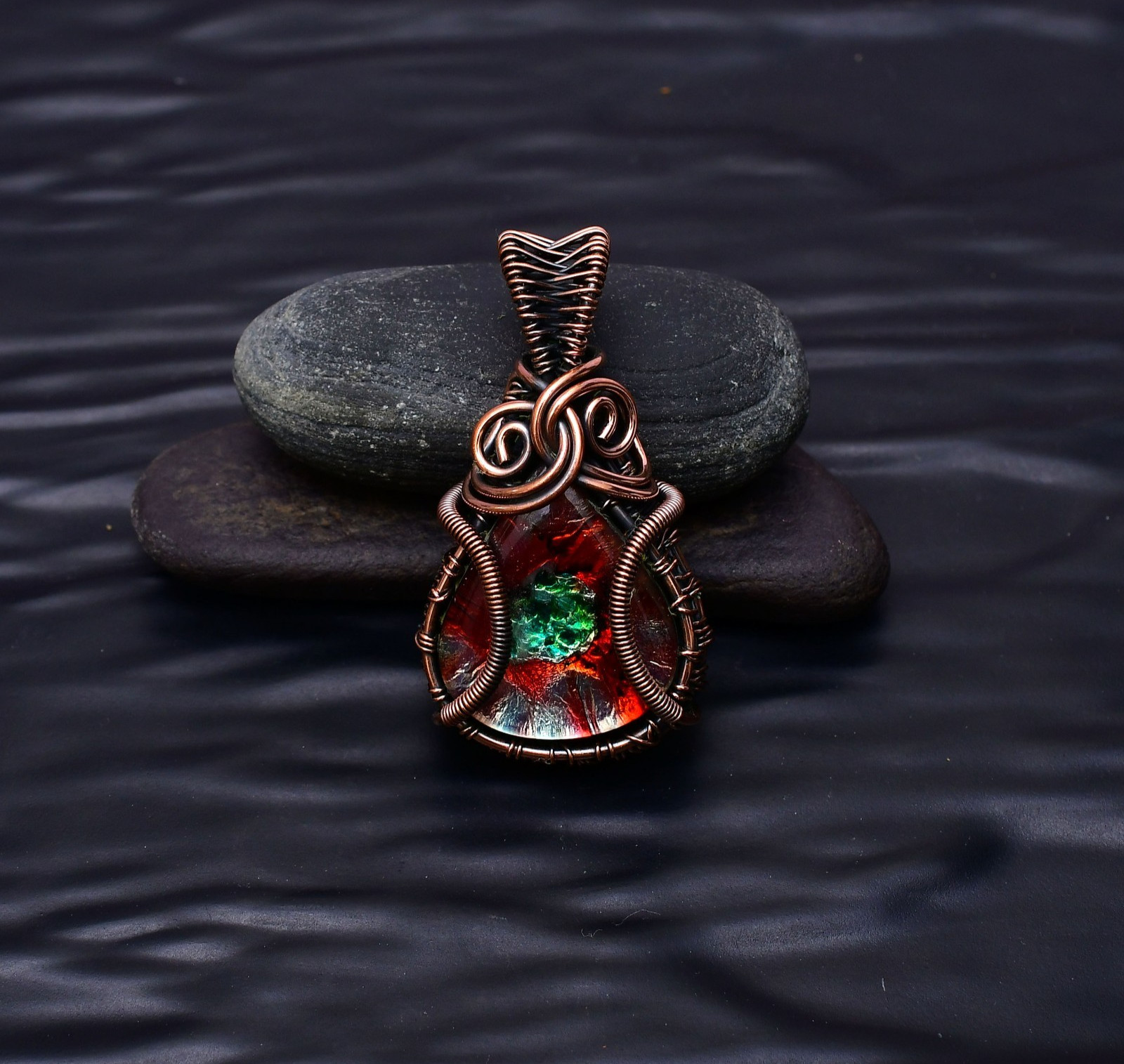 Dichroic Glass Gemstone Copper Wire Wrapped Handmade Jewelry Pendant 2.04″