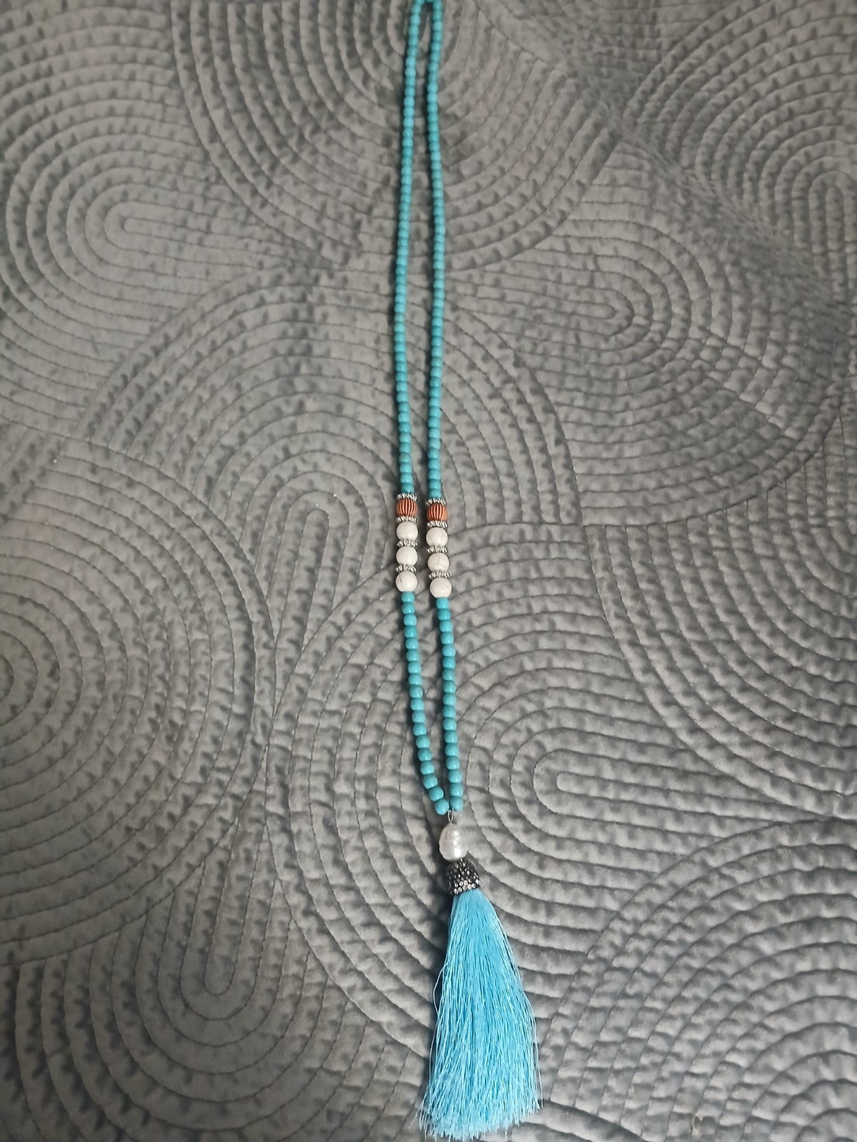 Turquoise Necklace Long Beaded With A Pearl And Tassel
