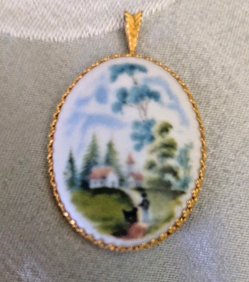 Vintage Pendant Porcelain Hand Painetd Scene w/Boy & Dog by Kaiser W Germany