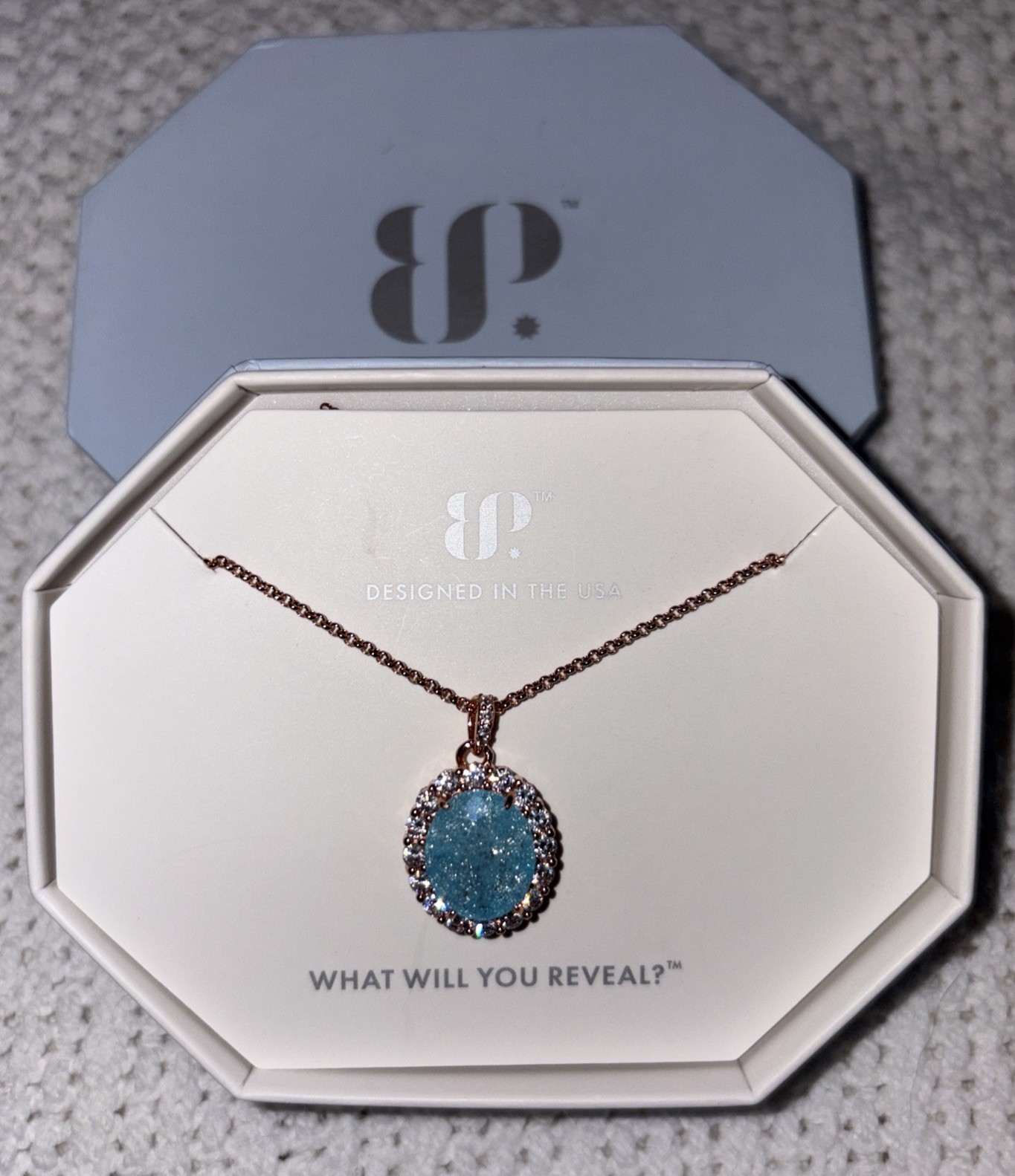 BP 2424 Necklace LC Aquamarine Ice Crystal Rose Gold NK65924 NIB Beautiful