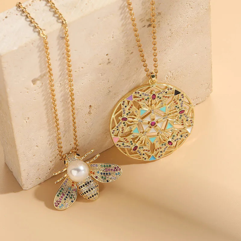 Bee Pendant Necklace 304 Stainless Steel Pearl CZ Crystal Gold Charm Women Gift
