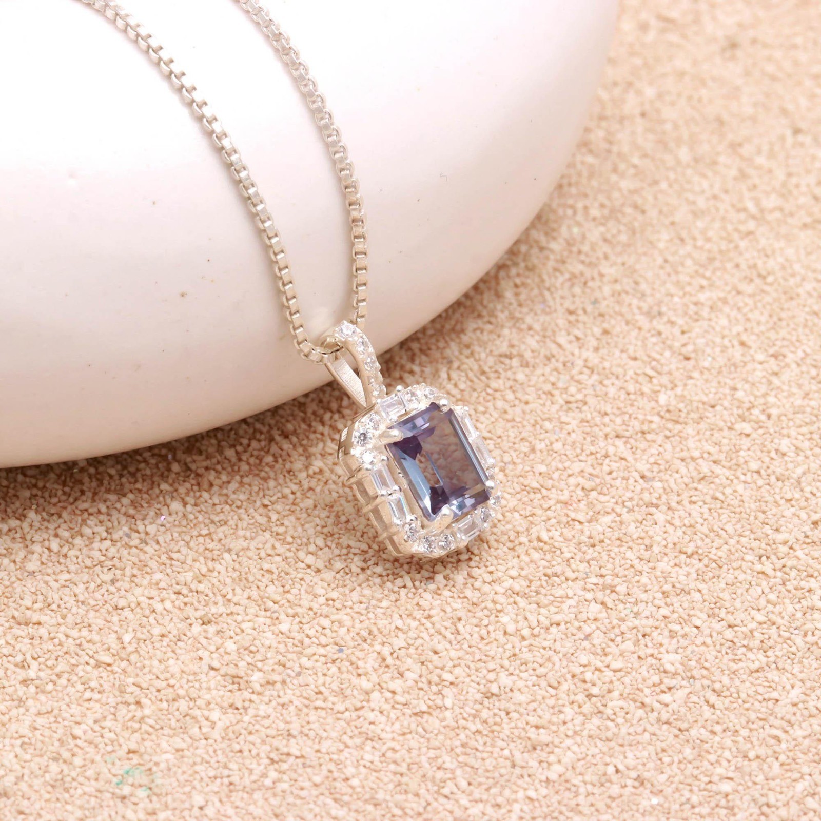 Colour Changing Alexandrite Emerald Necklace Solid Silver Moissanite Jewelry