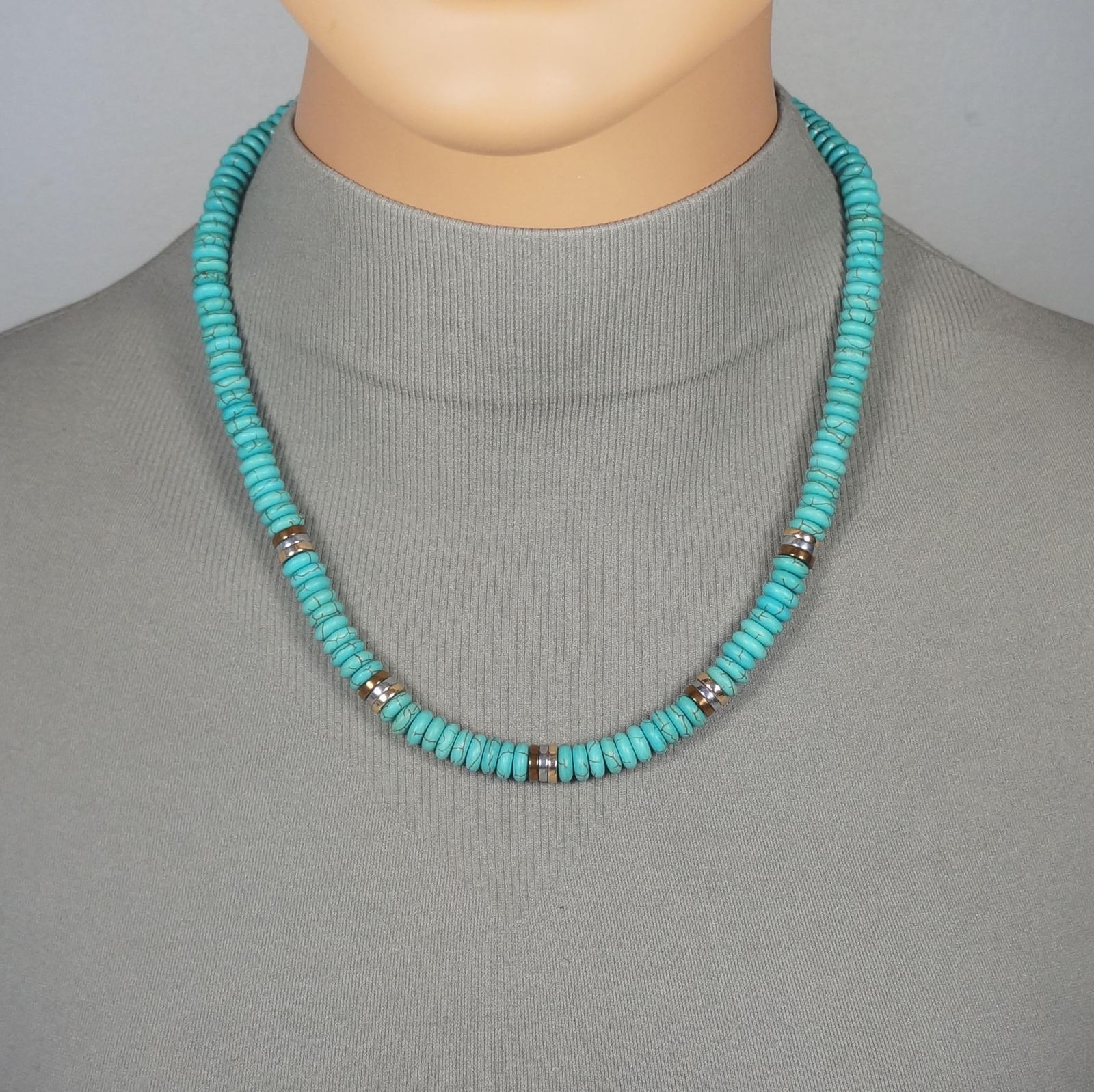 Unisex Turquoise Necklace, Tri Color Hematite Spacers