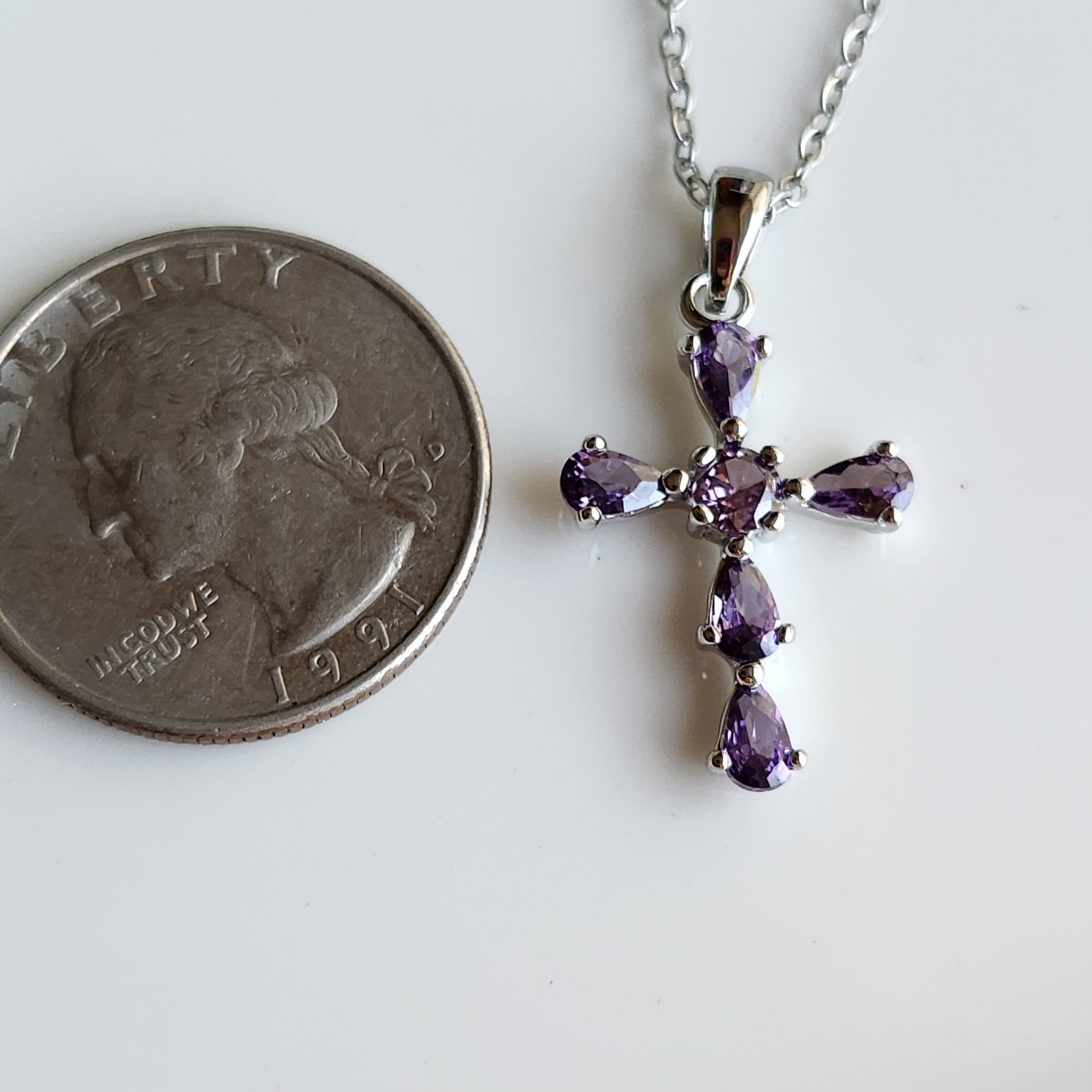 14k White Gold-Plated Pear Purple Amethyst CROSS 1” Pendant free chain