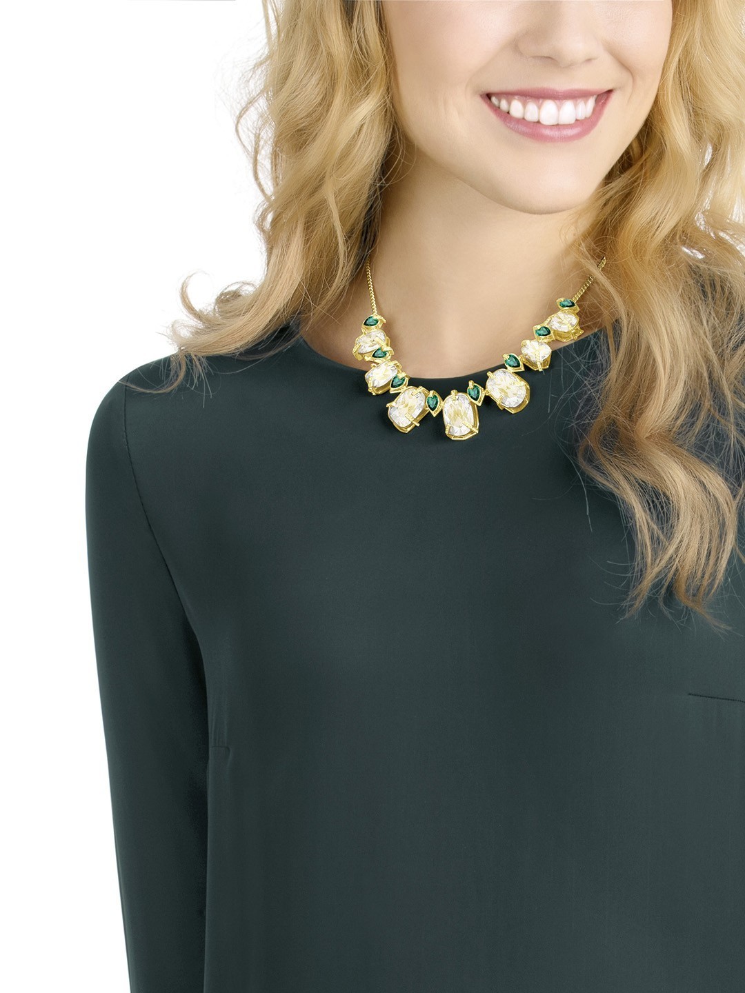 Swarovski Haven Gold Plated Necklace Clear Rectangle Green Pear Crystals 5288945