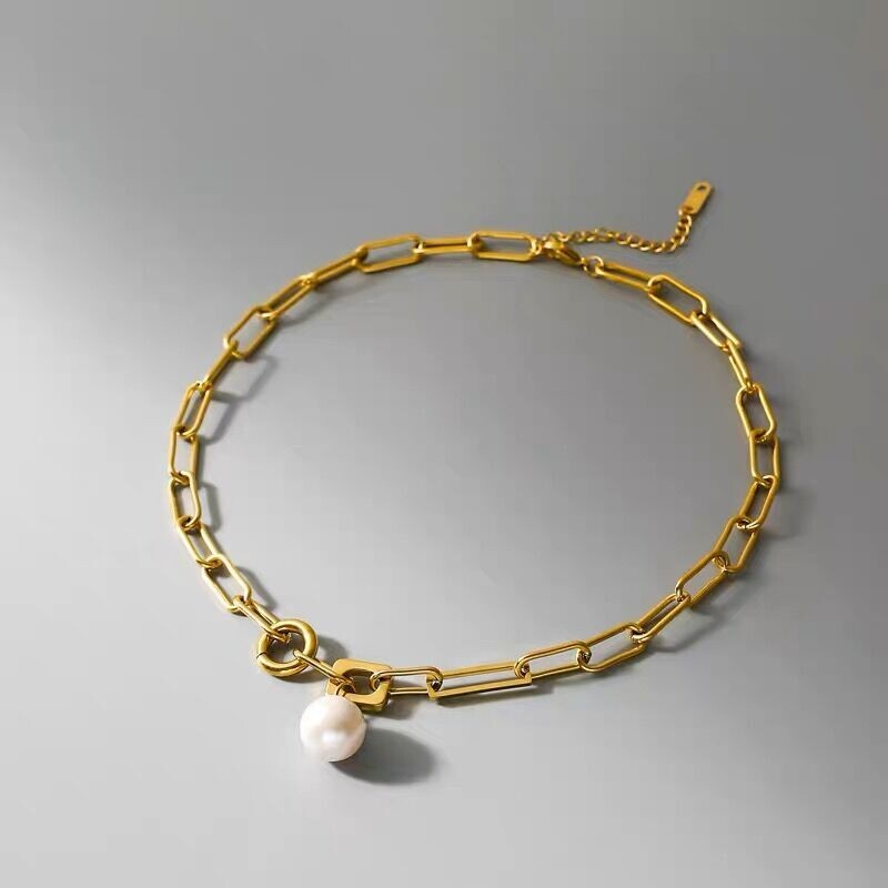 Woman 18K Gold Plated Stainless Steel Pearl Round Charm Rolo Link Chain Necklace
