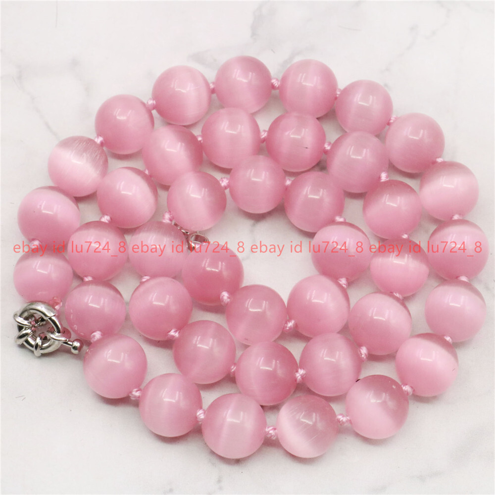 Natural 10mm Pretty Pink Cat’s Eye Opal Round Gemstone Bead Necklace Jewelry 18″