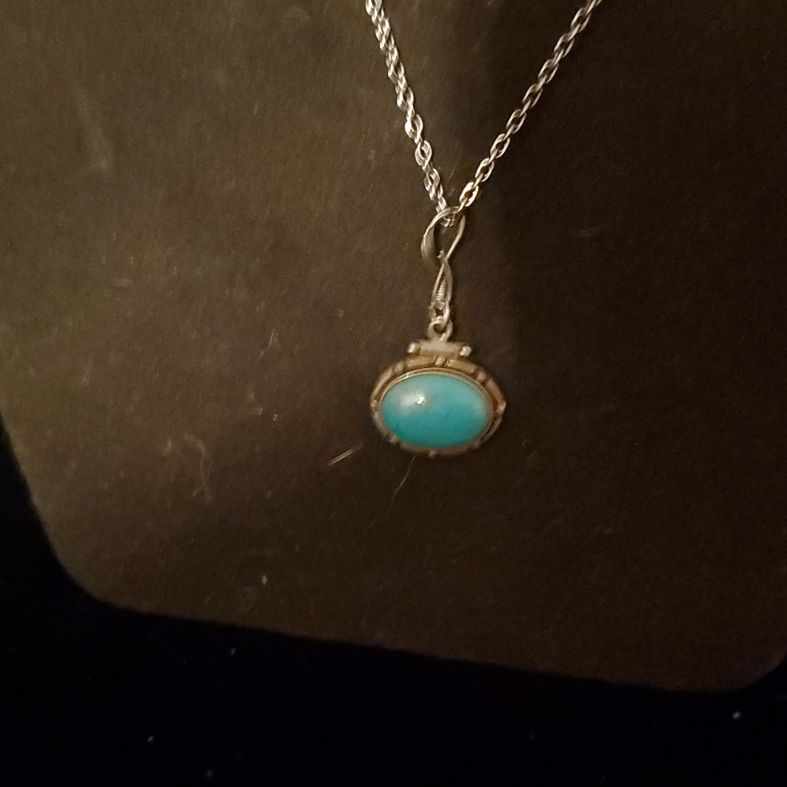 Sterling Silver Signed Oval Turquoise Bezel Pendant Rope Chain, Spring Ring