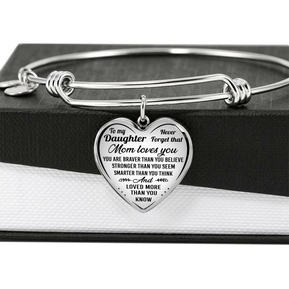 To My Daughter Mom Loves You Bracelet Bangle Heart Pendant Mother Daughter Gifts