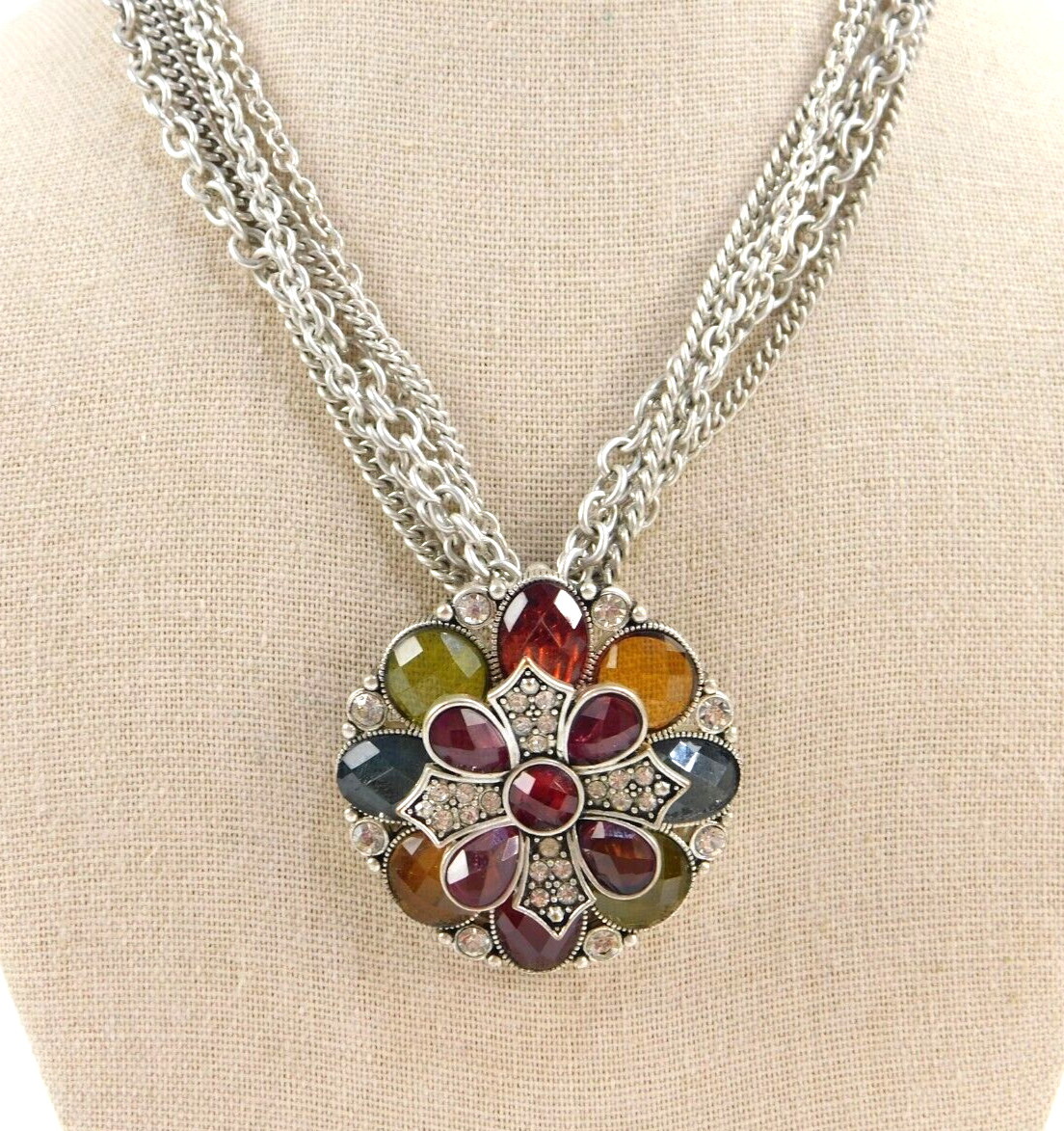 Multi Chain Faceted Acrylic Rhinestone Flower Pendant Necklace 17″