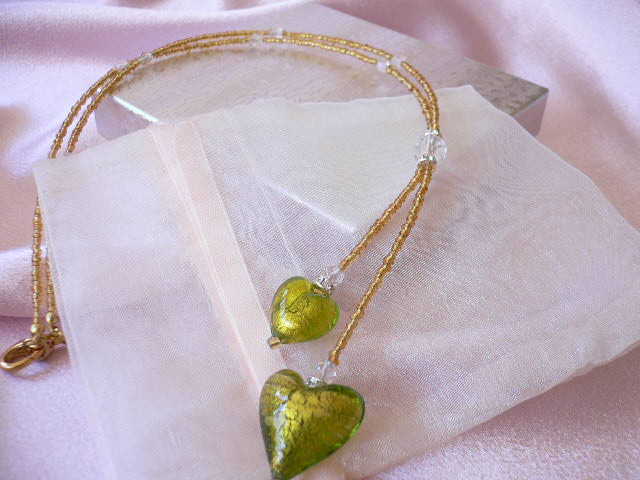 Genuine Venetian Murano Heart Necklace..Italy….Green…w/ gift box