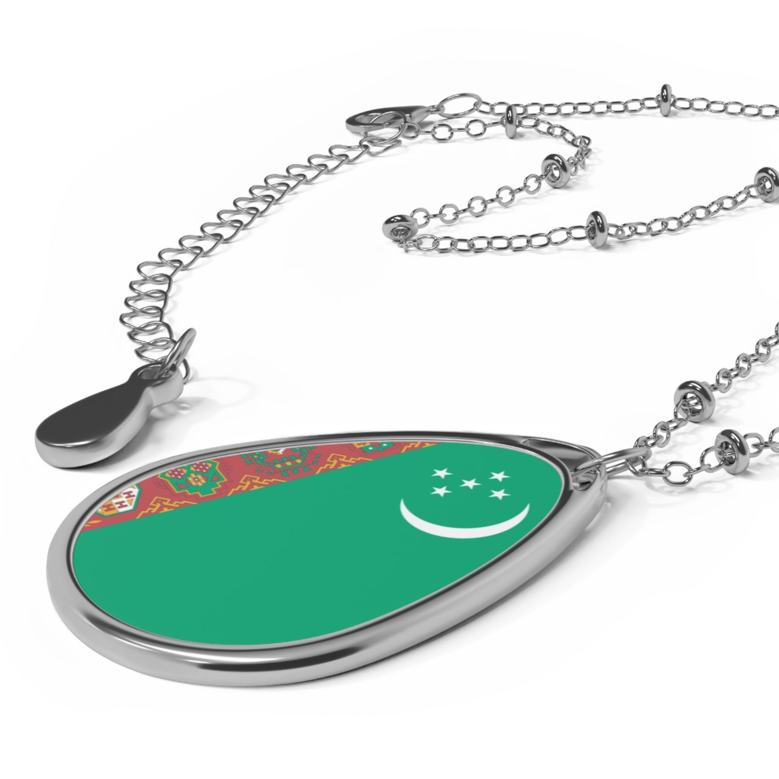 Turkmenistan Flag Oval Necklace – Patriotic Pendant – One Size / Silver