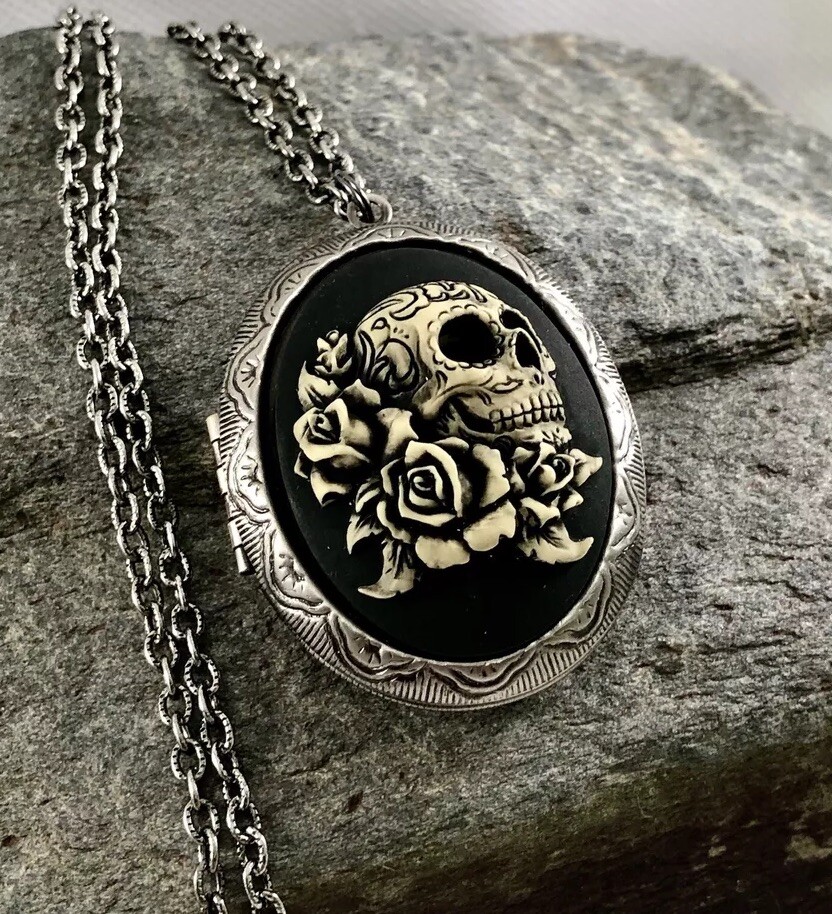 SUGAR SKULL CAMEO LOCKET NECKLACE Halloween Day Of The Dead Photo Pill Stash Box