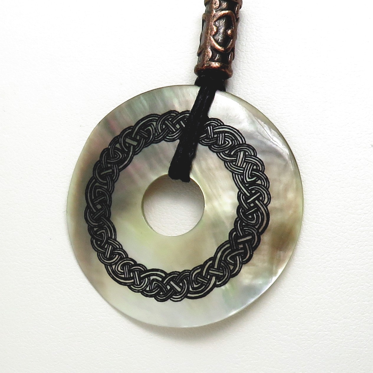 Celtic Knot Engraved Shell Donut Necklace with Waxed Cotton Cord – Adjustable