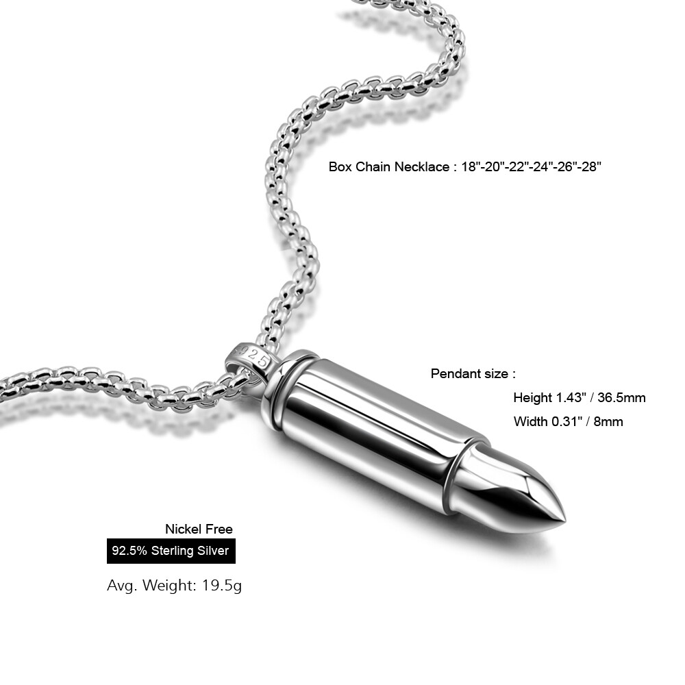 Mens Solid 925 Sterling Silver Bullet Pendant w/ Box Chain Necklace 18″-28″