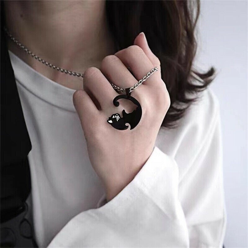 2 Piece Black & Silver Cat Matching Necklace Couple Cute Pendant Love BFF, Gift
