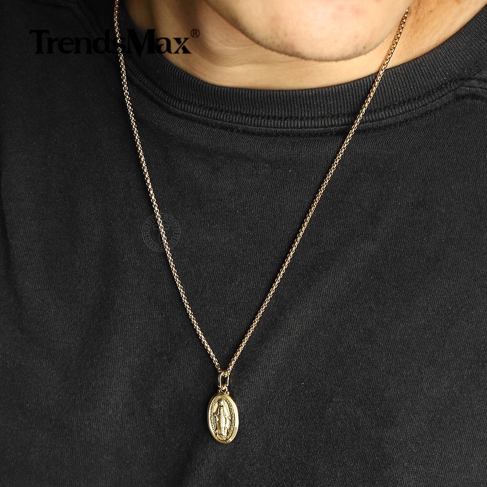 2mm Gold Plated Oval Virgin Mary Charm Pendant Necklace Box Chain Unisex Women