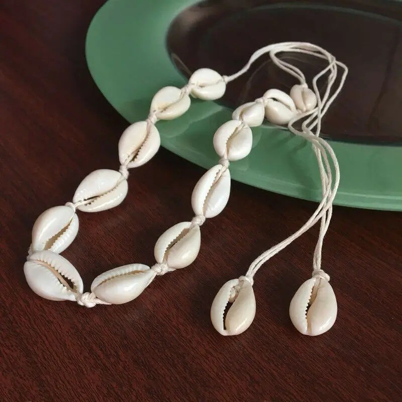 Cowrie Shell Choker Boho White String Necklace Surfer Beach Conch Puka, Hawaiian