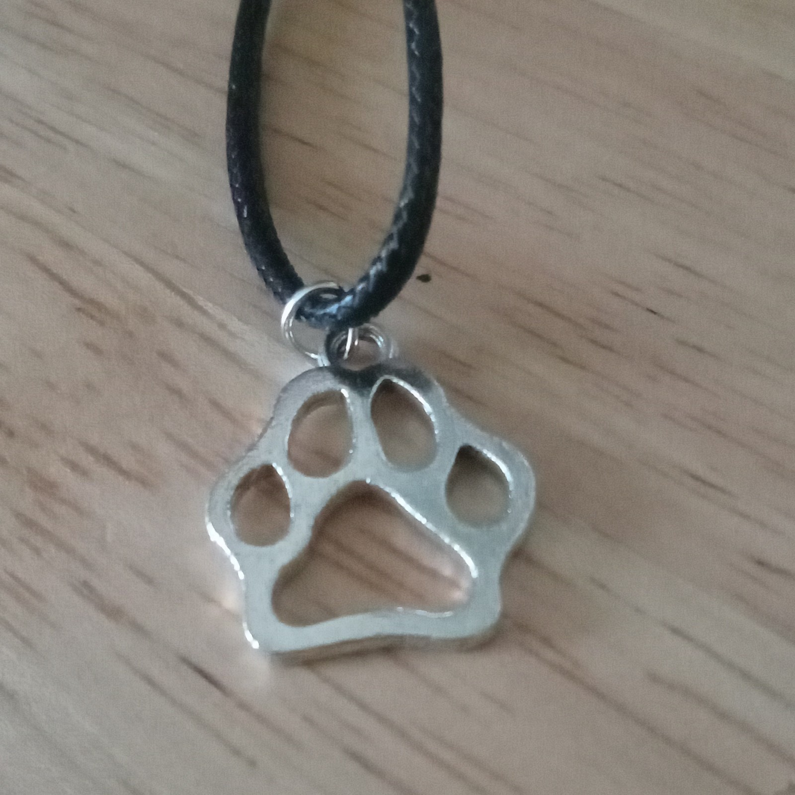 Paw Print Charm Pendant Necklace Adjustable Black Cord Silver Tone, Lobster