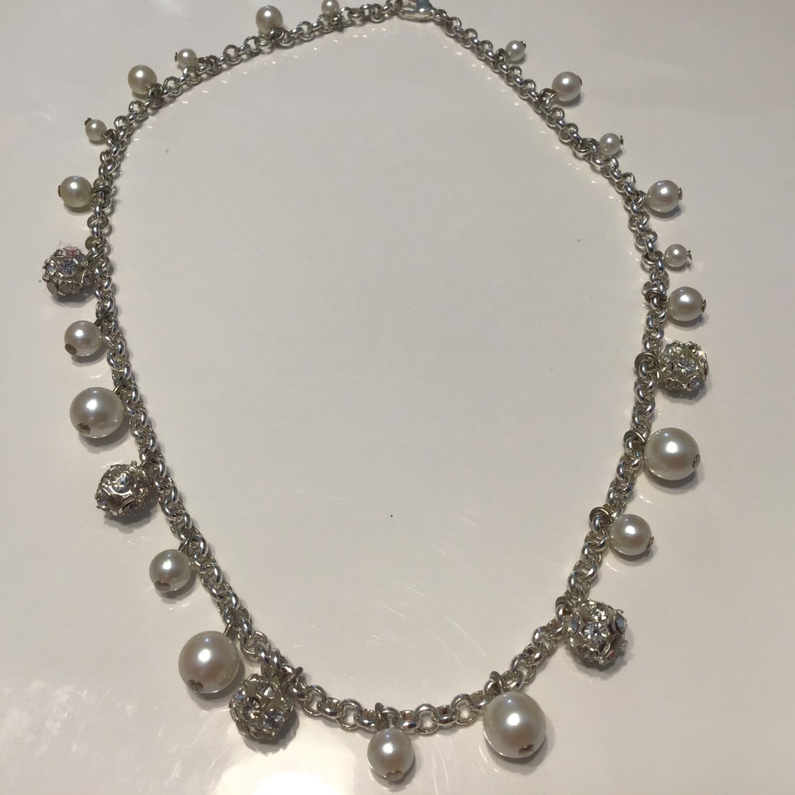 Faux Pearl Rhinestone Bead Dangle Necklace Choker 15” Silver Tone