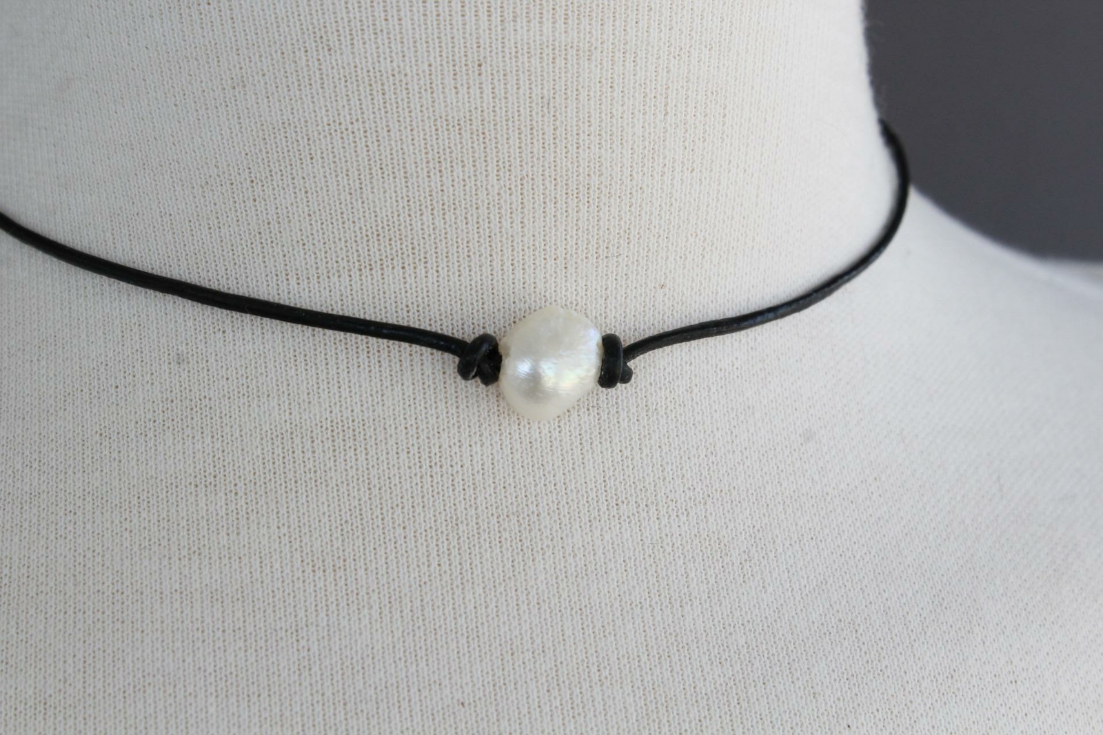 faux pearl choker Black faux leather adjustable choker necklace 14-16 long