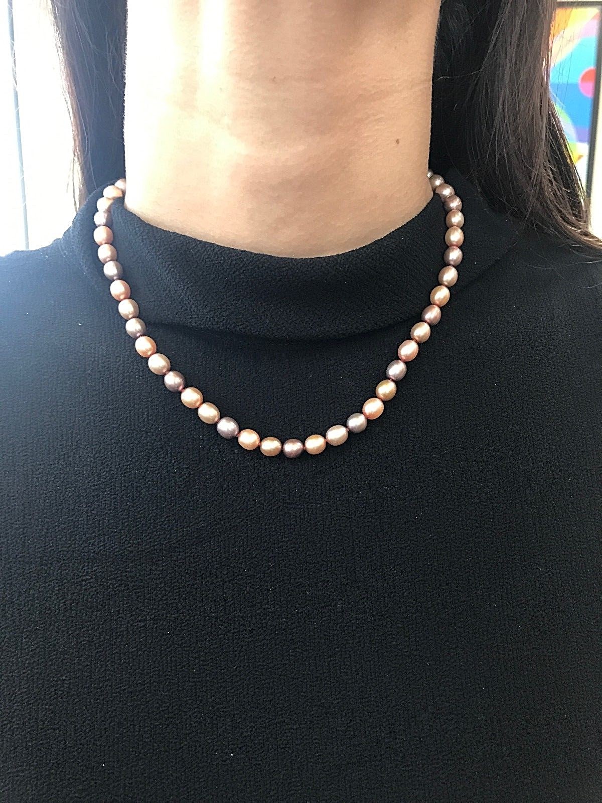 HONORA 7-8mm Oval Dyed Pink Purple Peach Cultured Freshwater Pearl Necklace 18″