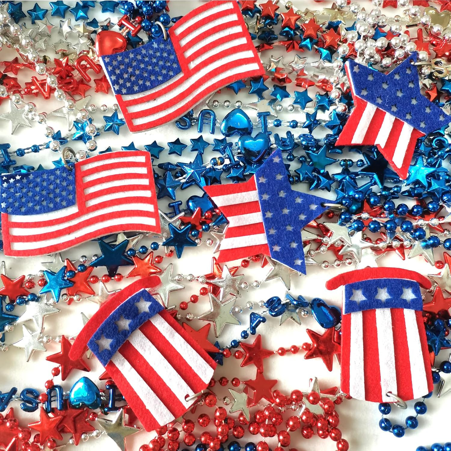 100 Pcs 4Th of July Bead Necklaces, Blue Red Silver Patriotic Beaded Necklaces P