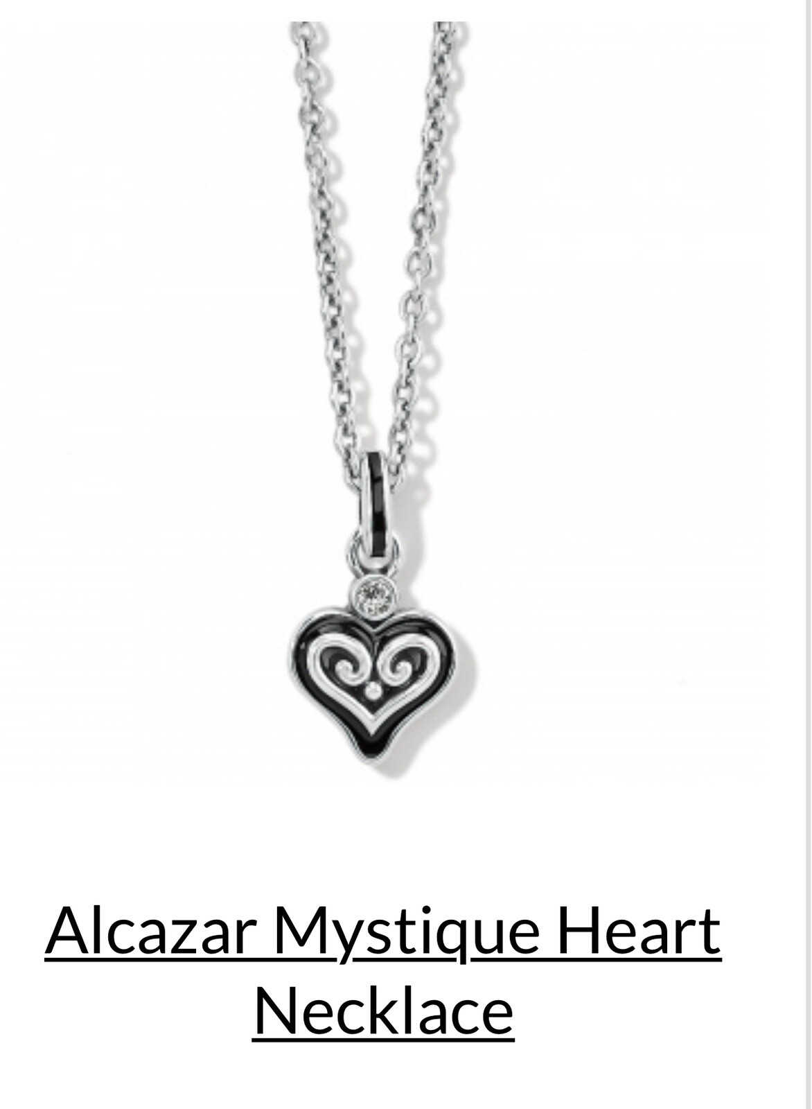 Brighton Silver Black Enamel Crystal Alcazar Mystique Heart Pendant Necklace NWT