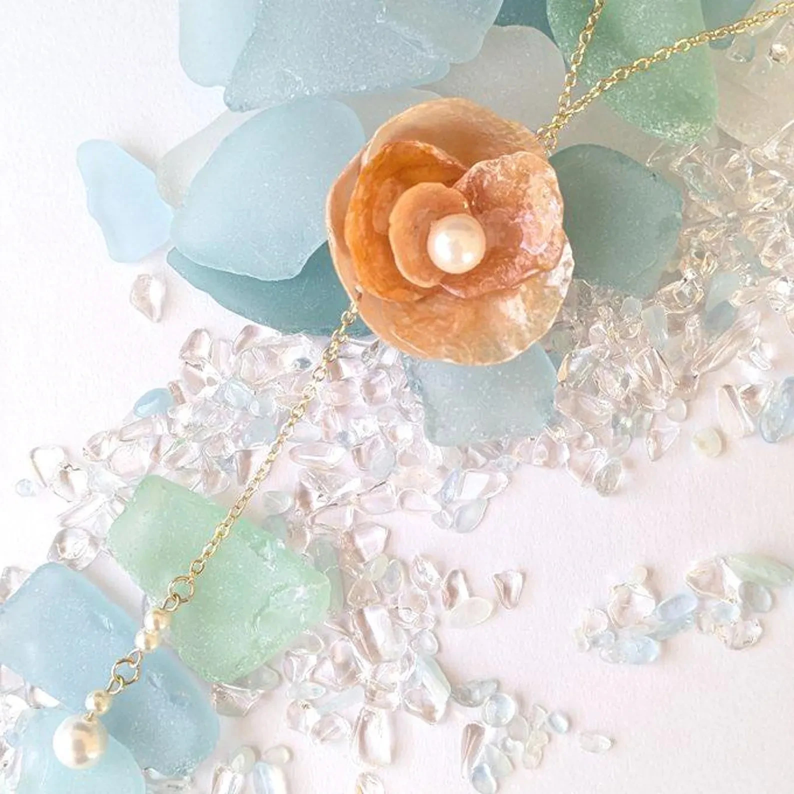 Handmade Japanese Orange Shell Flower Y-Necklace, Coastal Boho Pearl Lariat Jewe