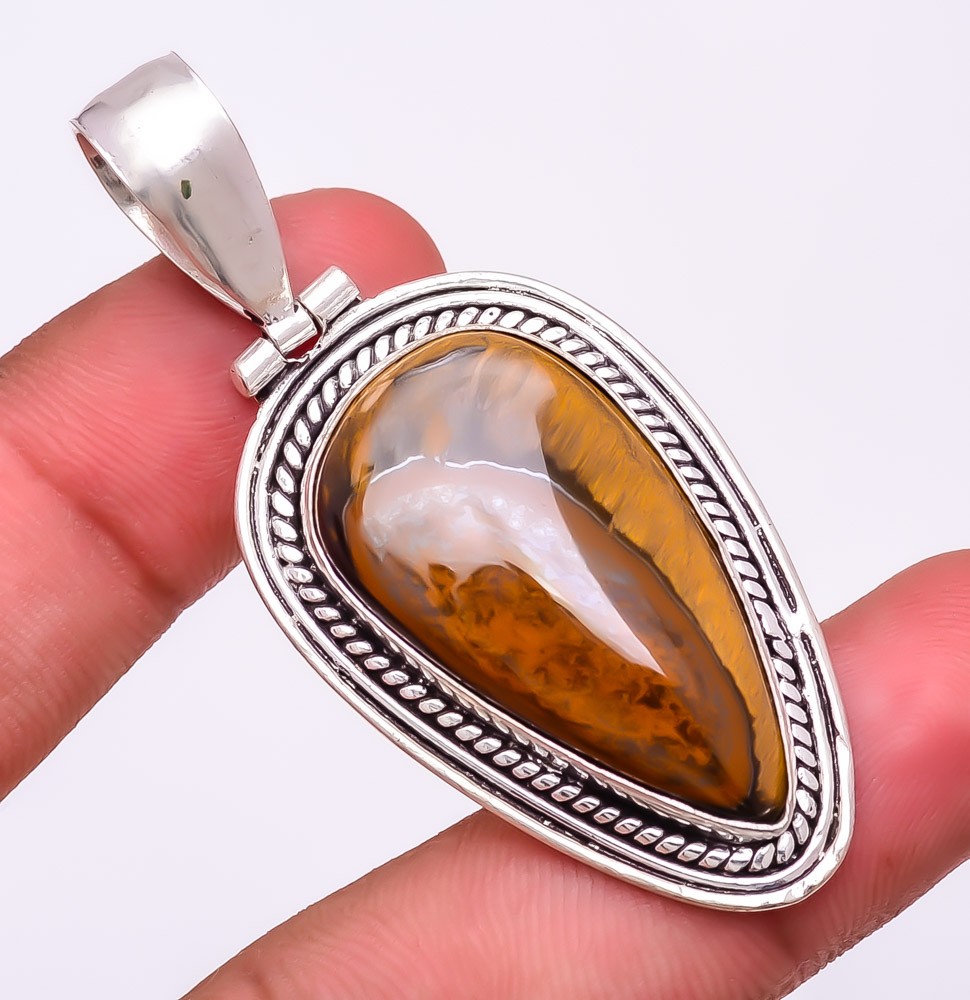 Natural Tiger’S Eye Gemstone 925 Silver Plated Jewelry Pendant 2.4″ F2657