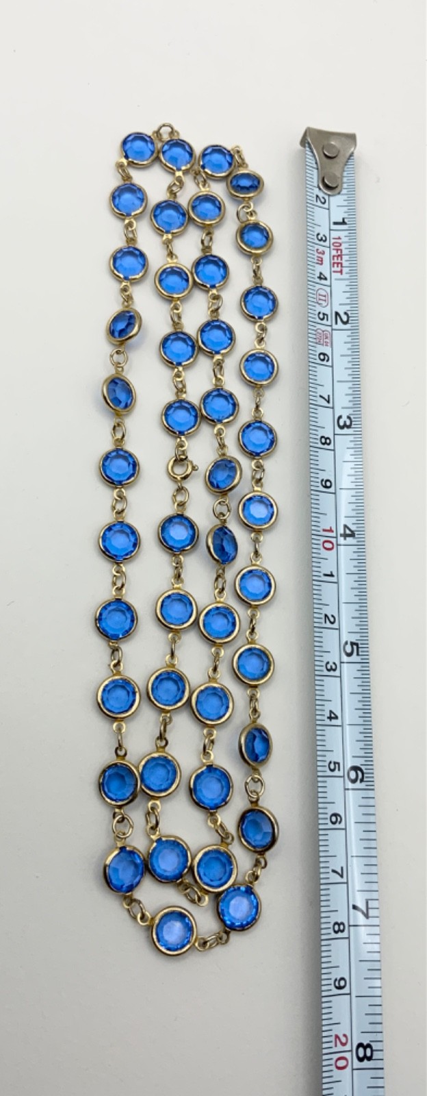 Vintage Blue Bezel Edge Necklace Gold Tone Metal Glass Beads 74cms