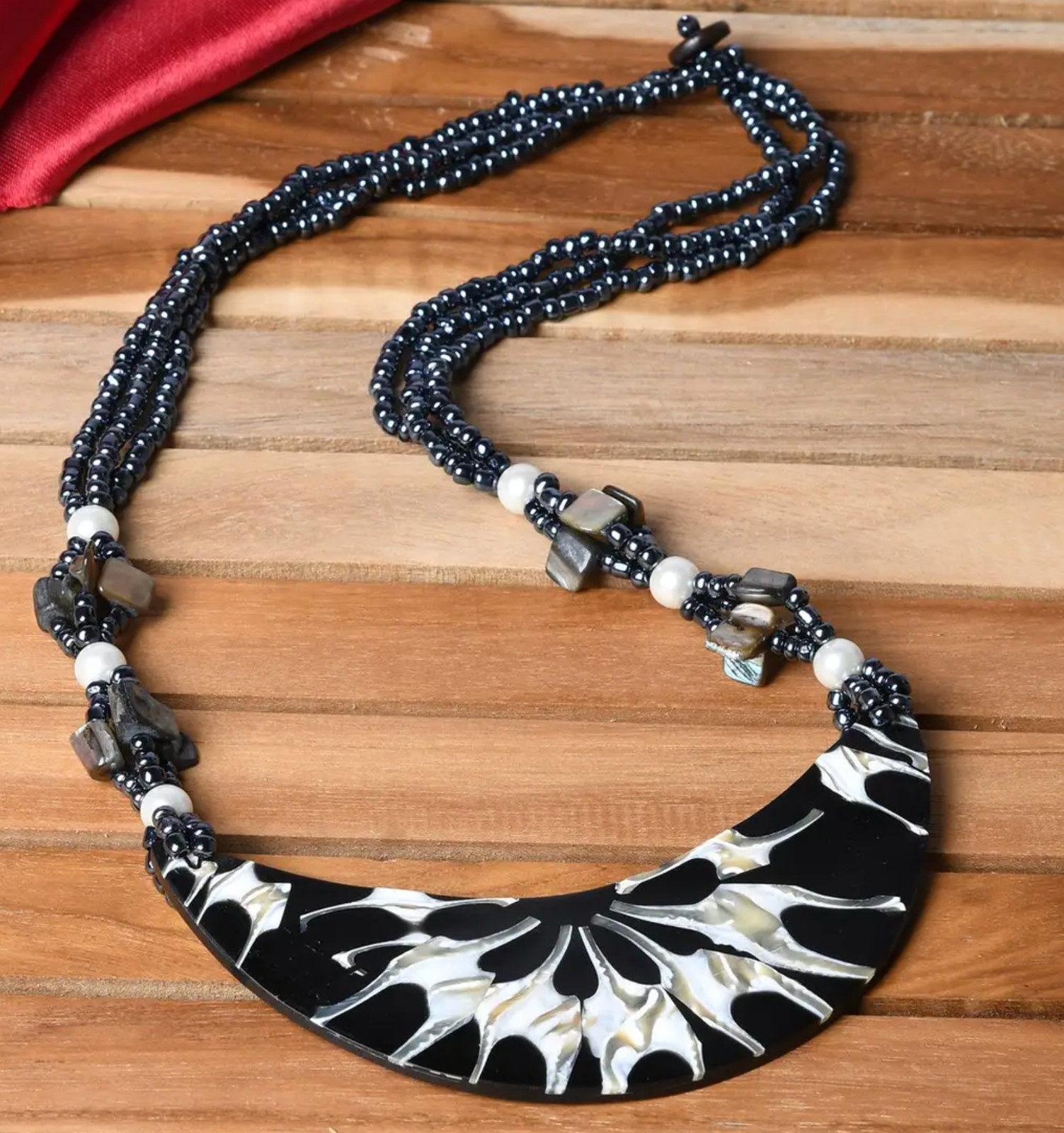 Black Beaded Moon Shell Multi Strand Necklace 22 Inches