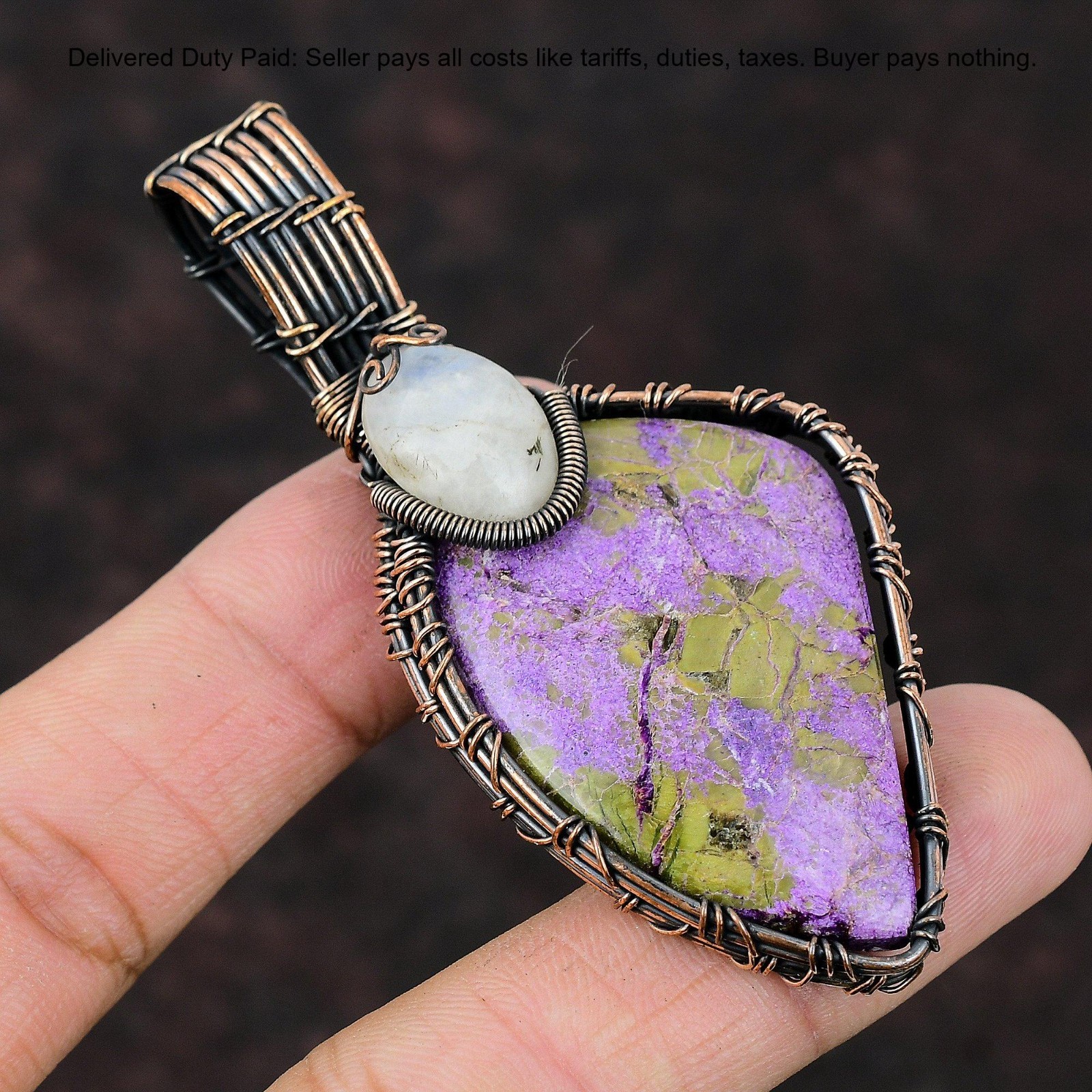 Copper Trillion Stichtite Gemstone Art Deco Daughter Wire Wrap Artisan Pendant
