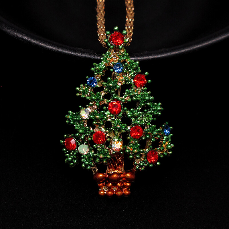 Colorful Crystal Green Enamel Christmas Tree Fashion Women Chain Necklace Gifts