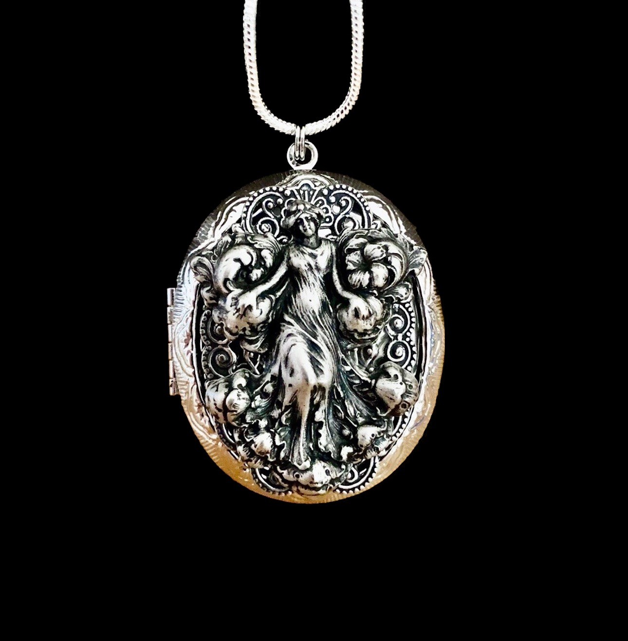 Art Nouveau Woman Locket Necklace, Photo, Memorial, Ashes, Sterling Silver Chain