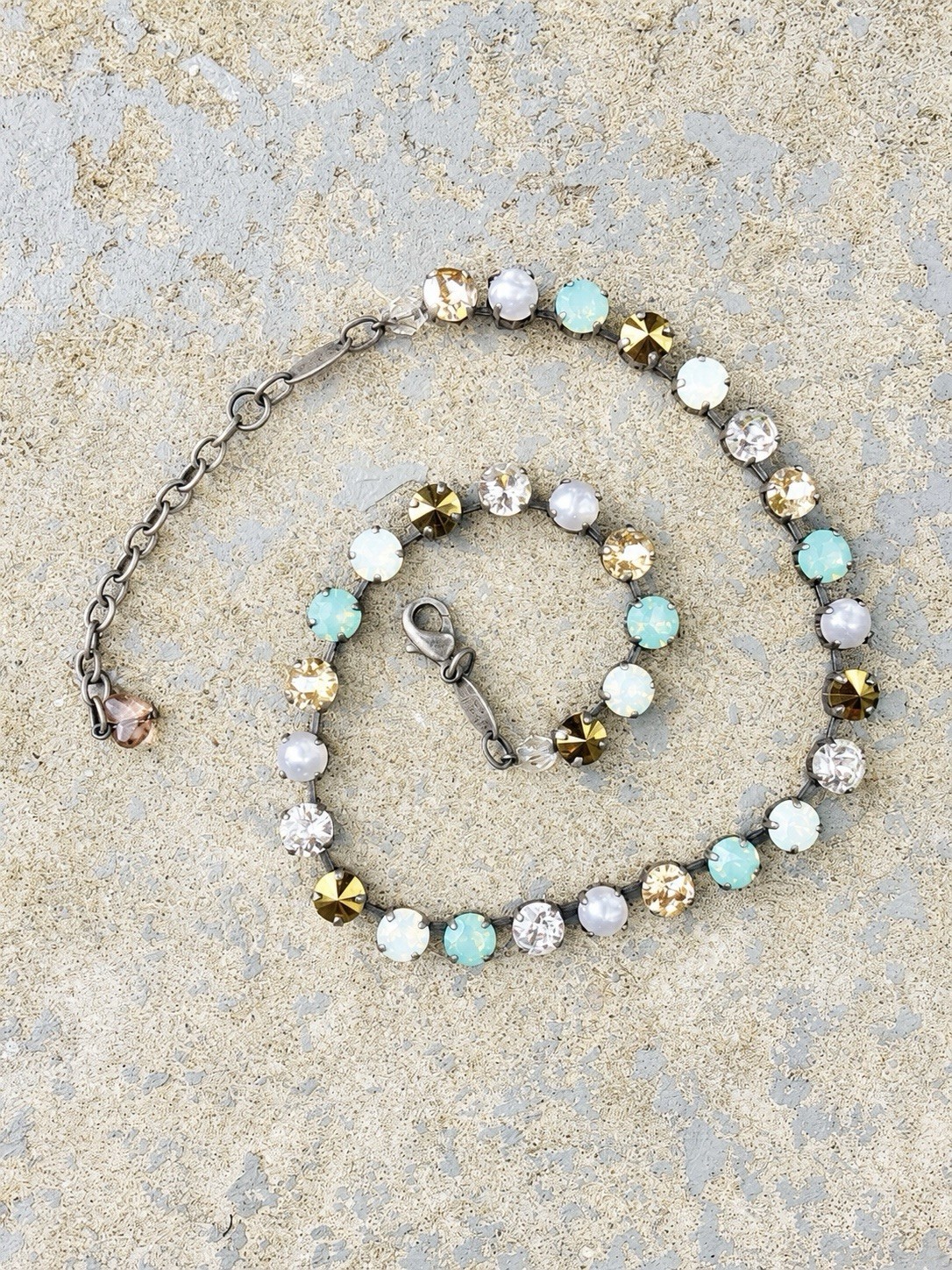 Sabika Classic Turquoise, Pearl, White And Bronze Crystal Tennis Choker Necklace